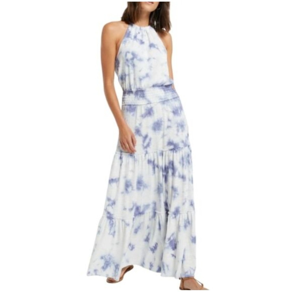 Z Supply Beverly Blue White Tie Dye Halter Smocked Tiered Maxi Dress Size Medium